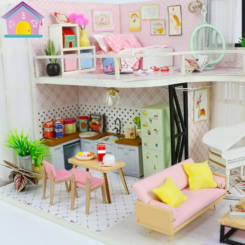 diy assembly dolls house model kids children wooden building miniature dollhouse toy handicraft loft hut toy child birthday gift free global shipping
