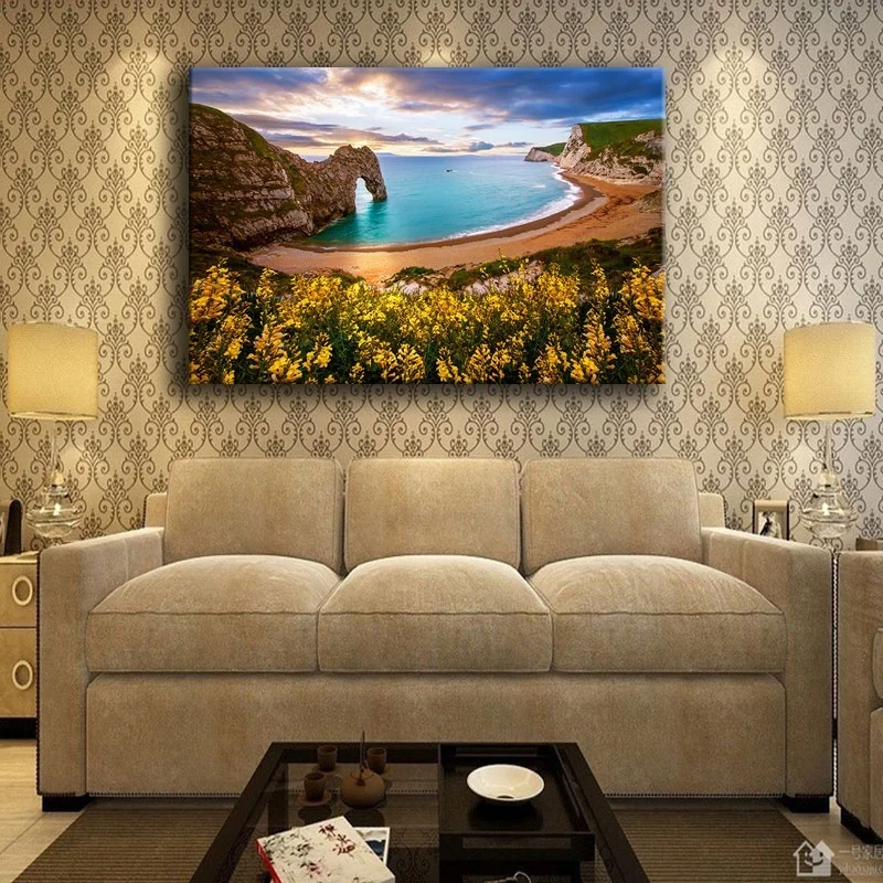 1 Piece Artwork Springtime Beach Sunset Flowers Arch Rocks Painting On Canvas Print Type And The Living Room Wall Decor | Дом и сад