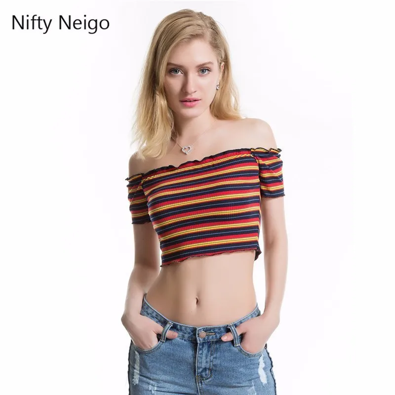 Nifty Neigo Сексуальная Женская Полосатая Футболка трикотажные короткие топы Летняя