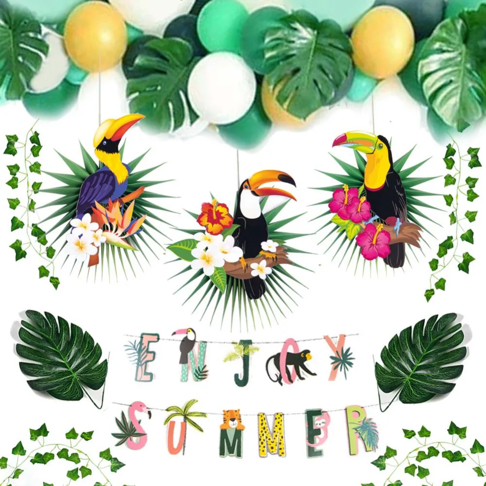 

Jungle Party Decoration Set Enjoy Summer Banner Toucan Paper Fans Tropical Ivy Palm Leaves Animal Safari Birthday Party Summer