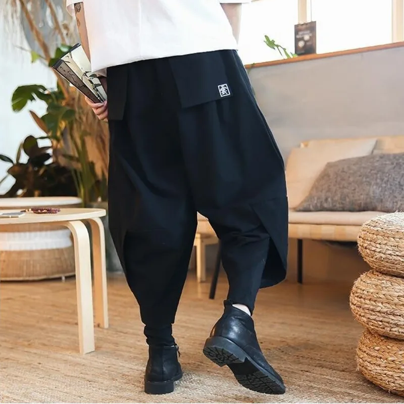 #2523 Spring Red/Black/Blue Vintage Casual Streetwear Harem Pants Men Cotton Linen Trousers Plus Size Fake Two Piece Embroidery | Мужская