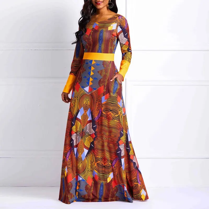Maxi Dress Women Brown Geometric Print Stylish Elegant Swing Robe Female Elastic High Waist Backless Party Autumn Long Dresses | Женская