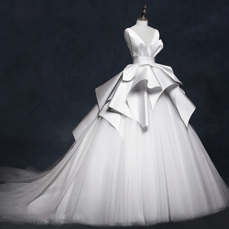 Vivian's Bridal Retro Satin Ruffle Princess Fantasy Wedding Dress Illusion Mesh Lce-up Backless Customized Ball Gown | Свадьбы и