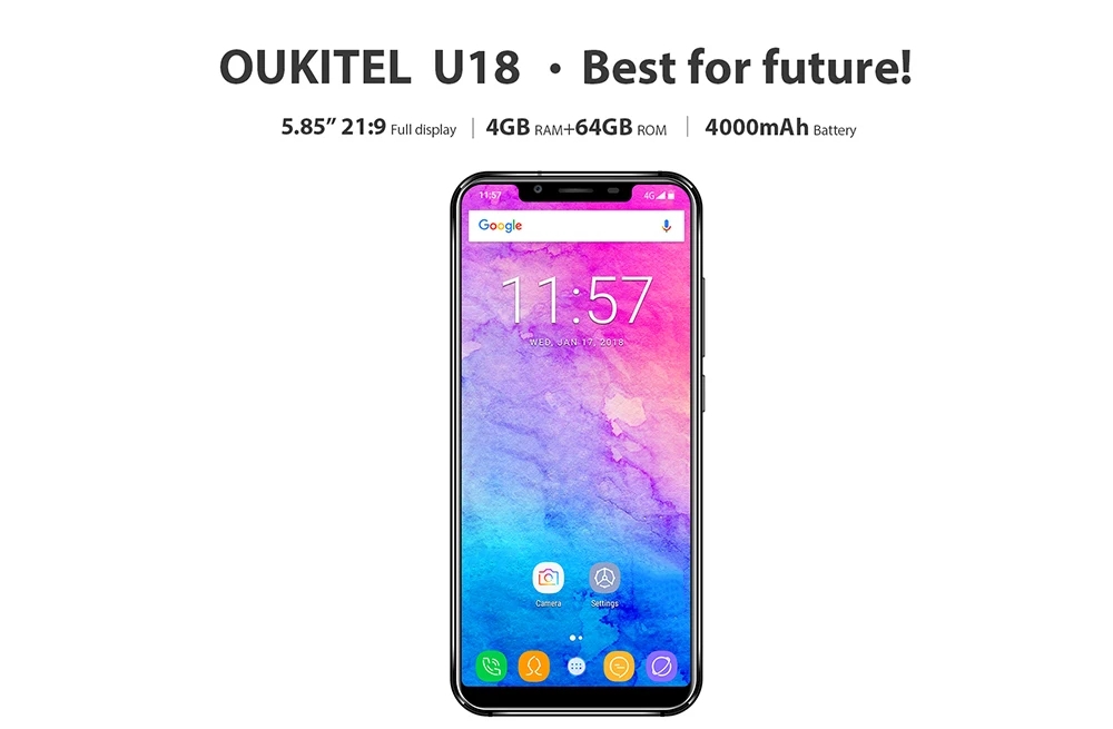 Смартфон OUKITEL U18 4G 5 85 &quot21:9 дисплей Лицо ID MT6750T Восьмиядерный Android 7 0 4 Гб ram 64 rom 4000