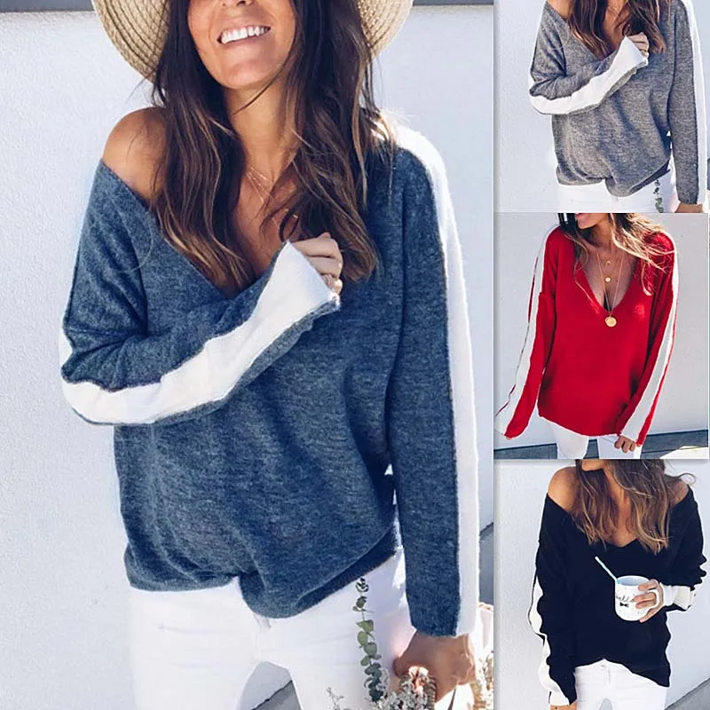 Autumn Sexy Sweater Women V Neck Knitted Female Winter Tops Patchwork Pullover Sweaters and Pullovers Ladies 40 | Женская одежда
