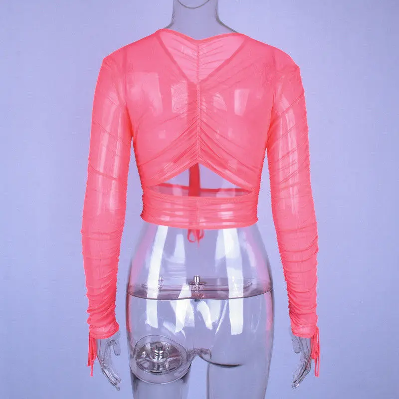 

Hirigin Brand 2019 Spring Summer Long Sleeve Shirt Pink Color Sexy Women Mesh Top Transparent Nightclub Lace-up Top Clubwear