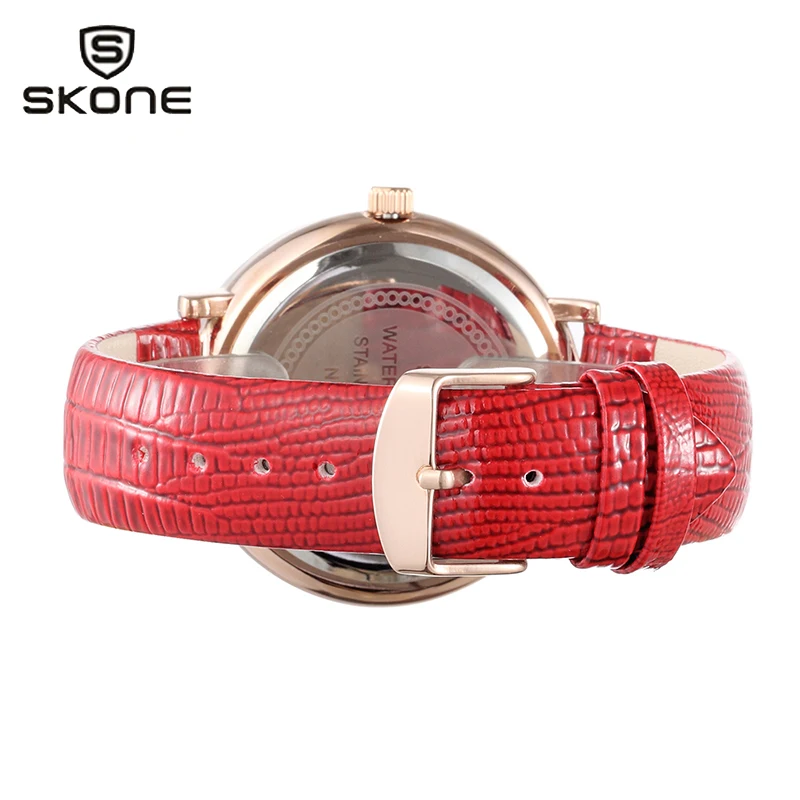SKONE Роскошные кожаные женские часы красные новые стальные скелетные