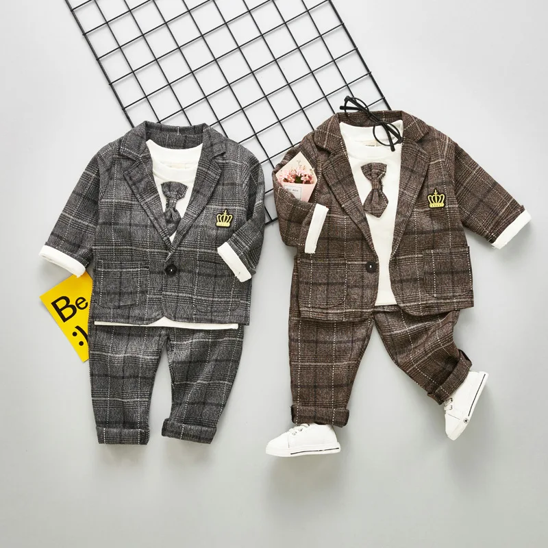 2020 New Spring Baby Boys Clothing Male Children Suits Kid Gentleman Tie Style Coats T Shirt Pants 3PCS/Sets Grid Infant Clothes | Детская