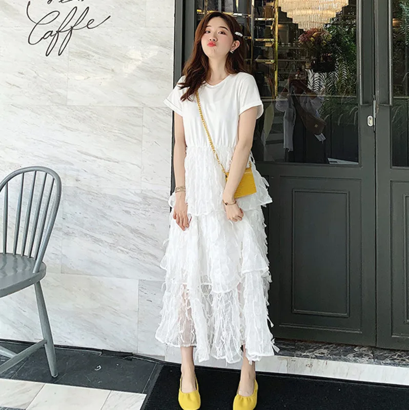 LANMREM 2020 New Fashion Short Sleeve Patchwork Lace Hemline High Waist White Dress For Women Female's Clothing Vestido YG80600 | Женская