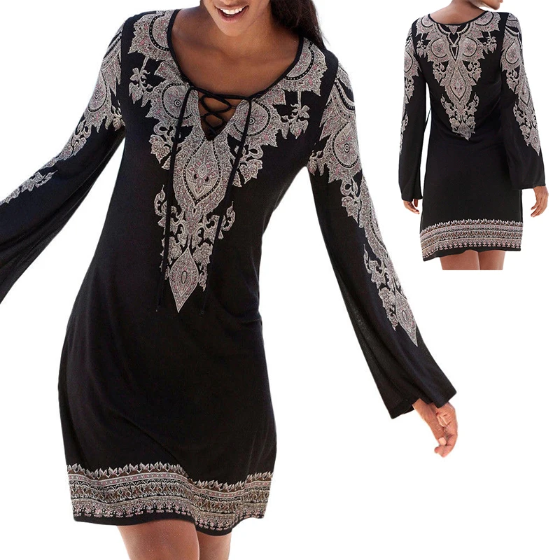 Женское платье с принтом и шнуровкой длинным рукавом свободное повседневное