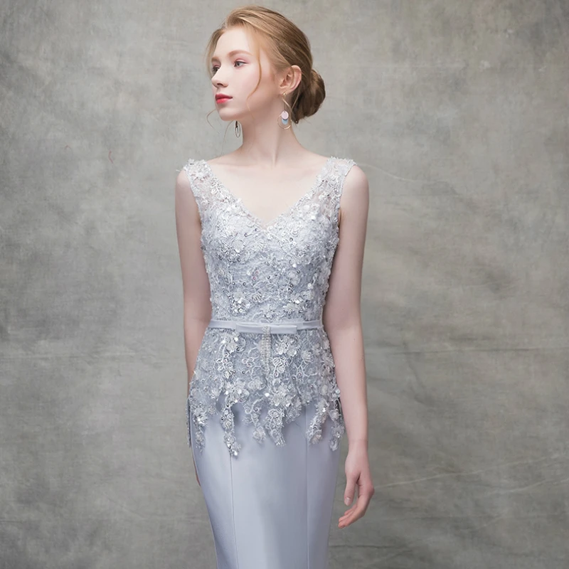 

Elegant V-neck Flower Lace Up Long Vestidos De Festa Backless Crystal Beading Mermaid Formal Evening Dresses Prom Party Dresses