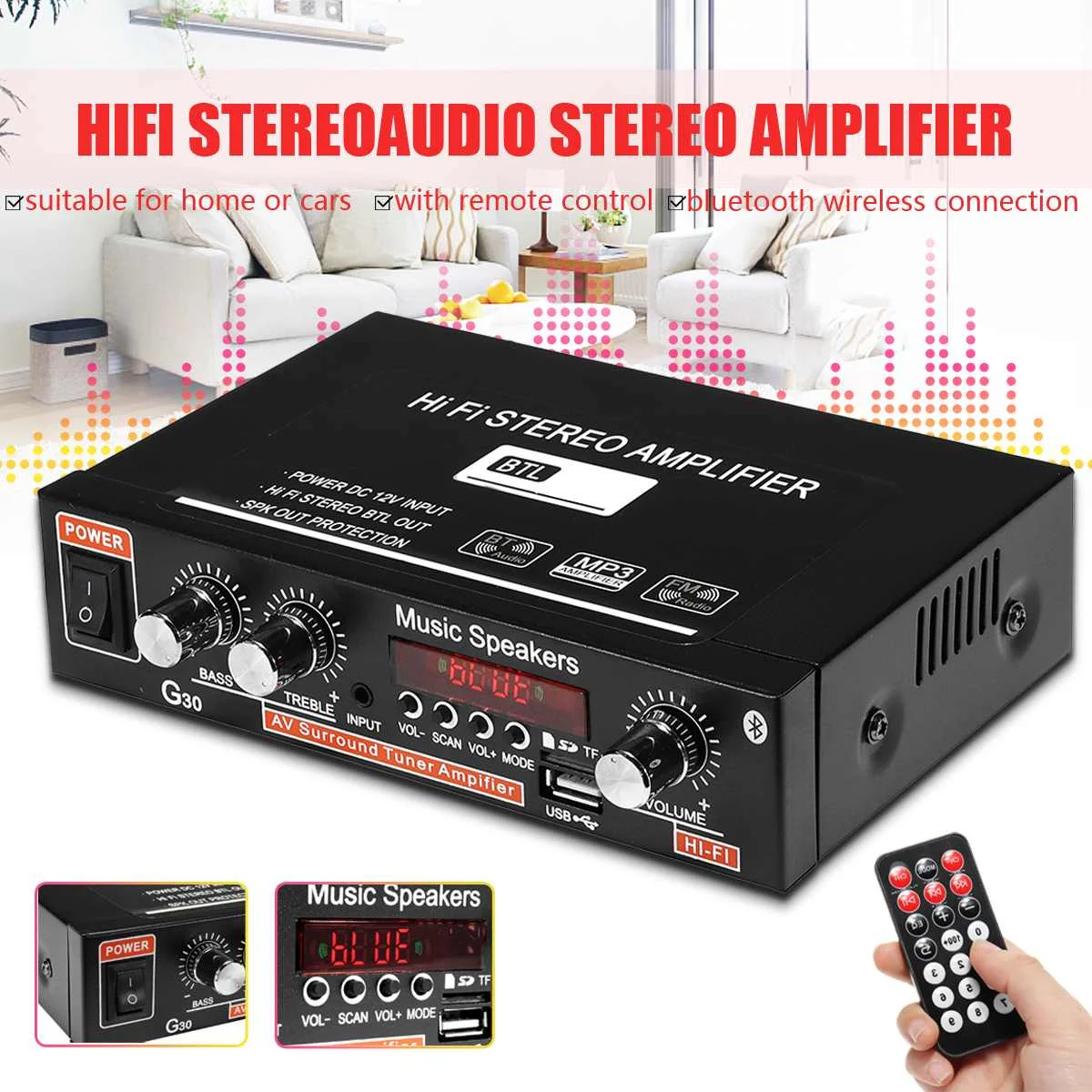 Hi Fi аудио стерео усилитель мощности с ЖК дисплеем 90 Вт 2 канала bluetooth FM радио для