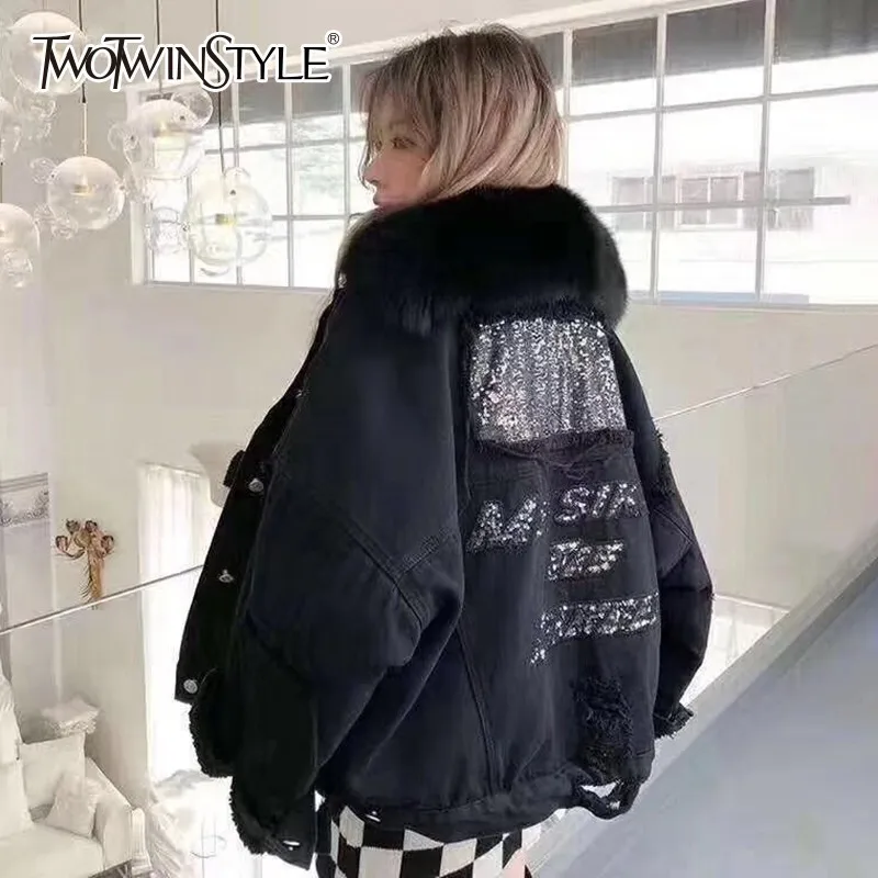 TWOTWINSTYLE с крупными блестками джинсовые куртки для женщин лоскутное меховой