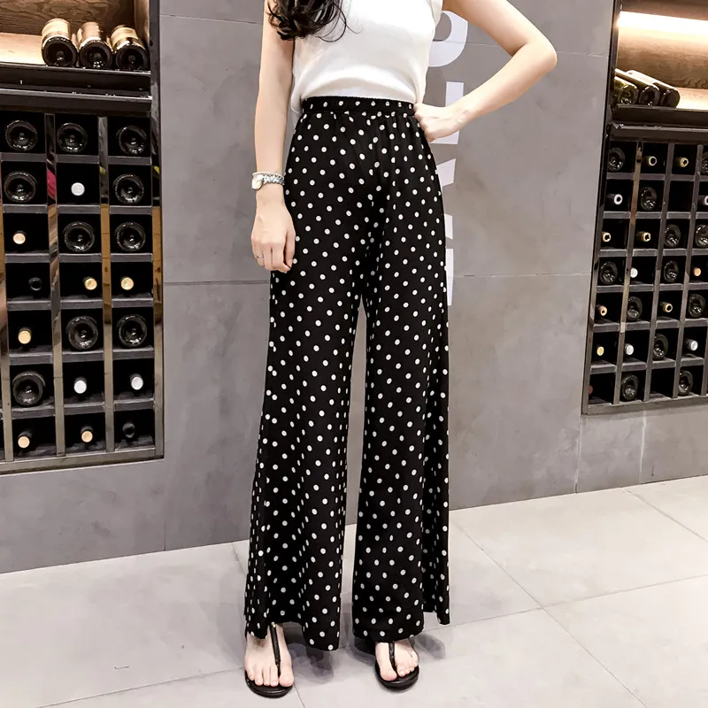 2019 Spring Summer Fashion Female Casual Black Dot Chiffon Wide Leg Pants Women Loose Trousers Elastic High Waist Bohemian | Женская