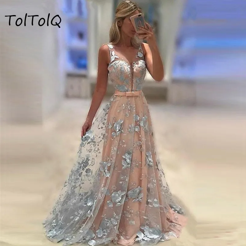 TolTolQ 2019 Летнее Длинное Платье с v образным вырезом длинное Тюлевое платье для