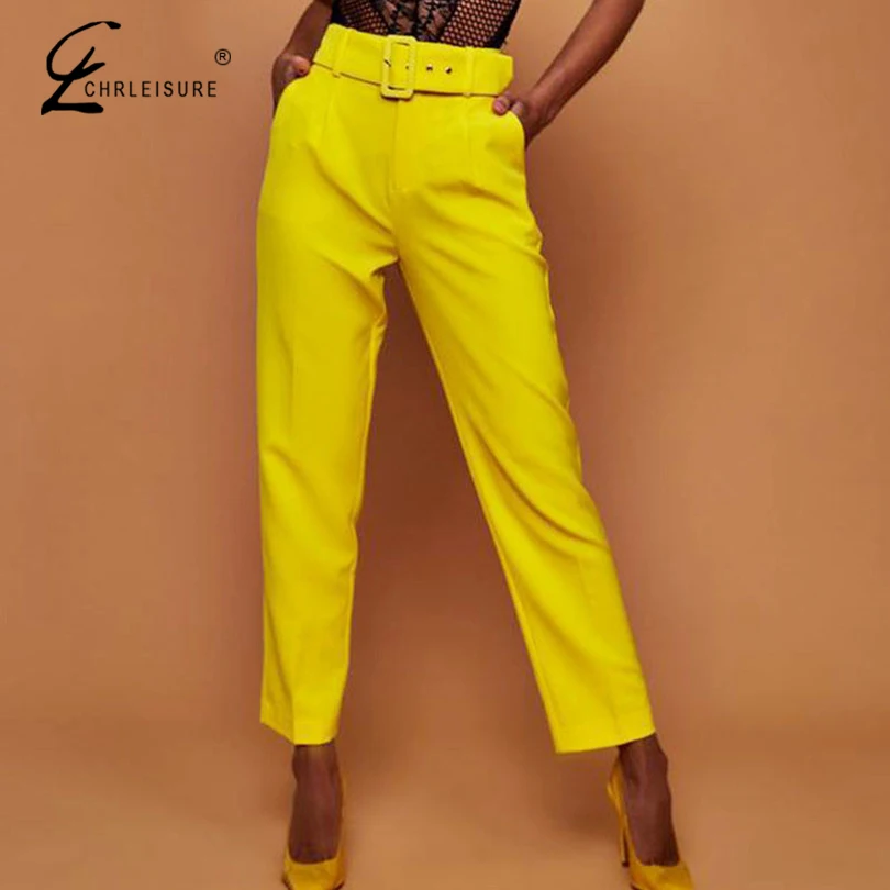 CHRLEISURE повседневные штаны женские одноцветные с талией Осенние поясом прямые