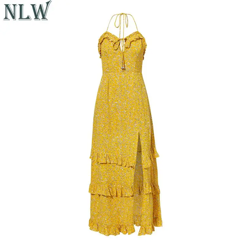 NLW Для женщин 2019 Летняя мода Boho принтом длинное платье Женский разрез до талии с