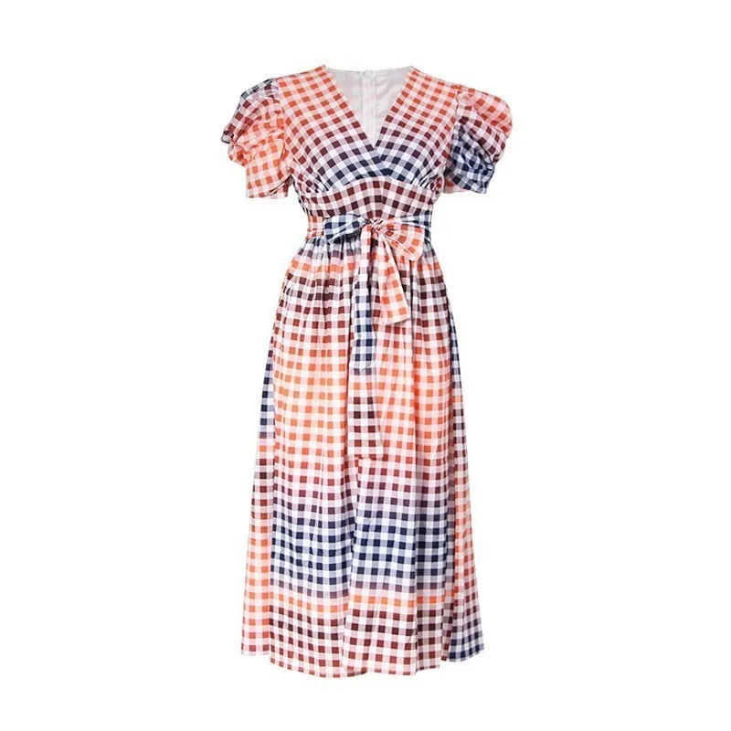 VGH клетчатое женское платье с v-образным вырезом коротким рукавом-буфами на