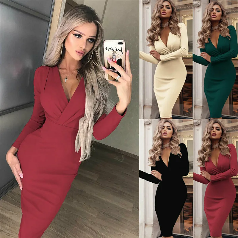 

Women OL Dress Fashion Summer Spring Office Lady Deep V Neck Long Sleeve Wrap Knee Length Dresses Plus Size Party Sundress