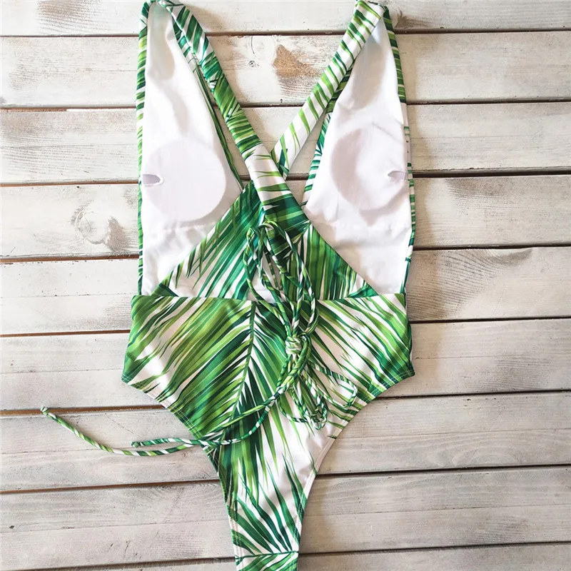 Женский слитный купальный костюм боди с зелеными листьями и вырезами монокини