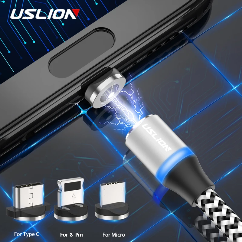 USLION Магнитный usb кабель для зарядки светодиодный Micro type C 1 м 2 ткачество Microusb