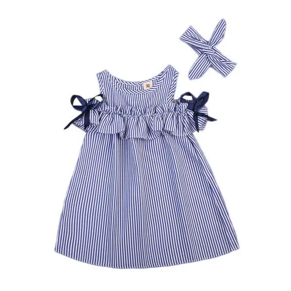 Детское платье в полоску с открытыми плечами и вышивкой | Детская одежда обувь
