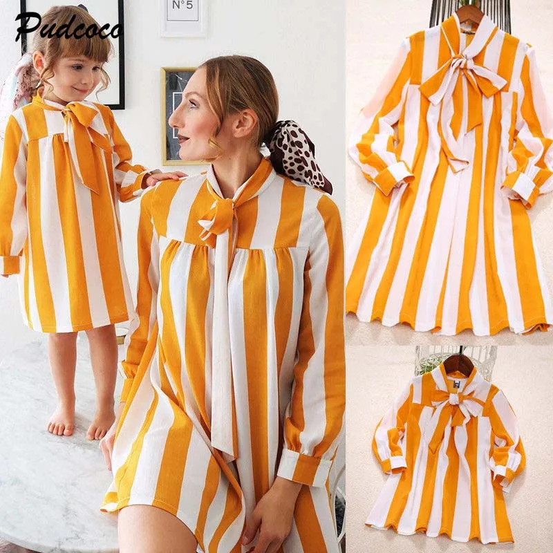 2019 Brand Mother Daughter Matching Party Dresses New Fashion Spring Autumn Women Girl Bowtie Stripe Dress Family Clothes Outfit | Мать и