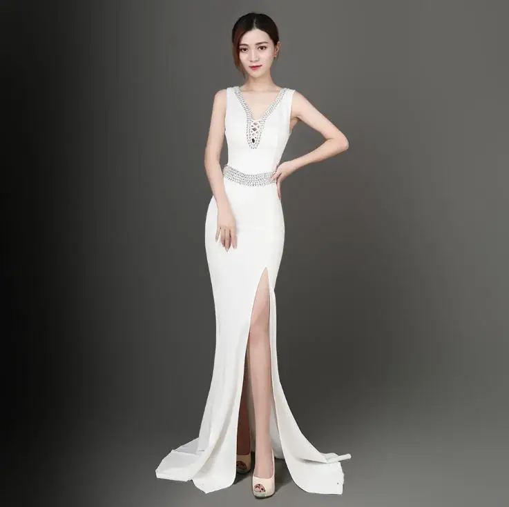 

SVKSBEVS 2019 Crystal Deep V Neck Cross Bandage Mermaid Long Dresses Sexy Split Zipper Backless Party Maxi Dress