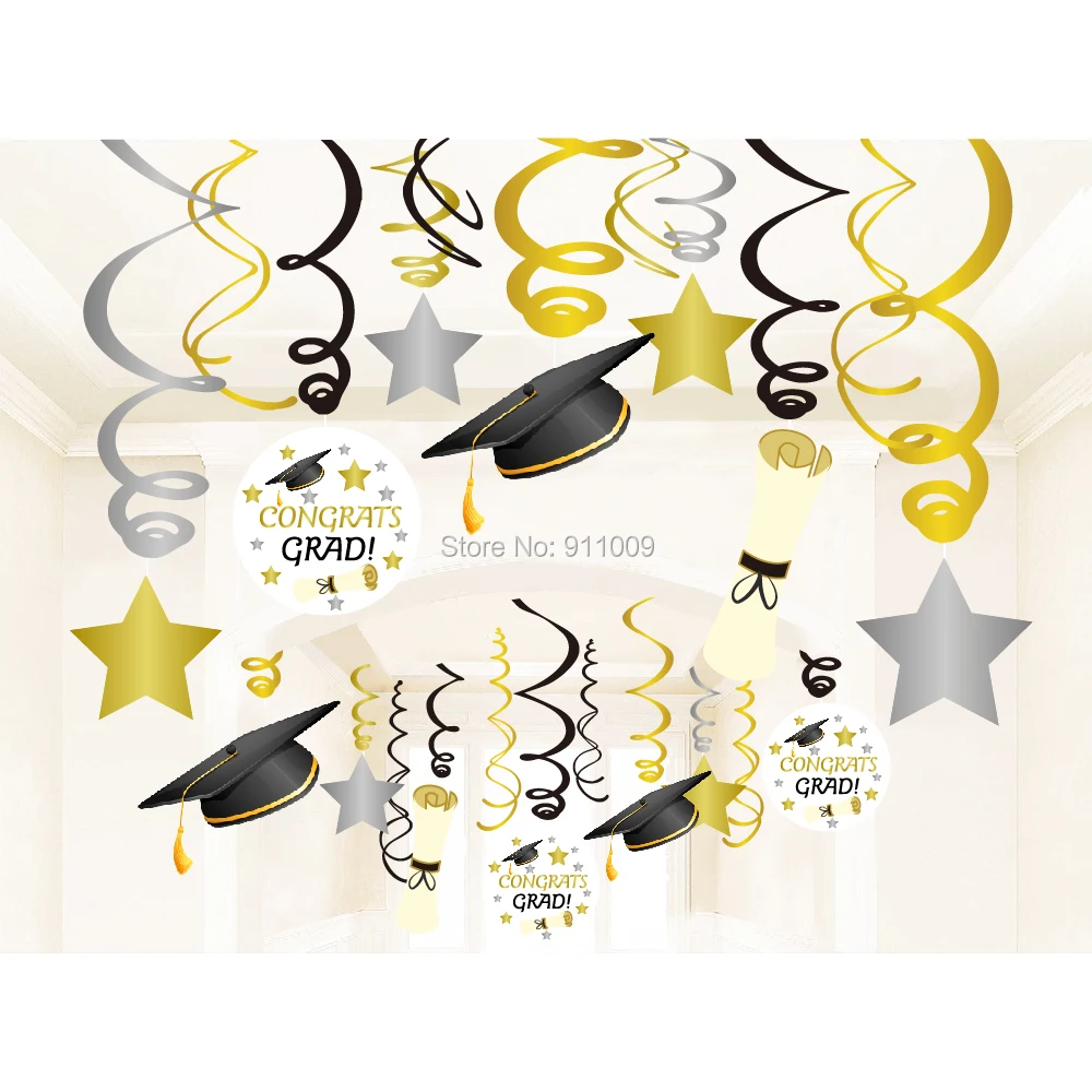 

Graduation Theme Party Decorations PVC Spiral With Gold Sliver Stars Ceiling Hanging Swirl DIY Grad Party Supplies