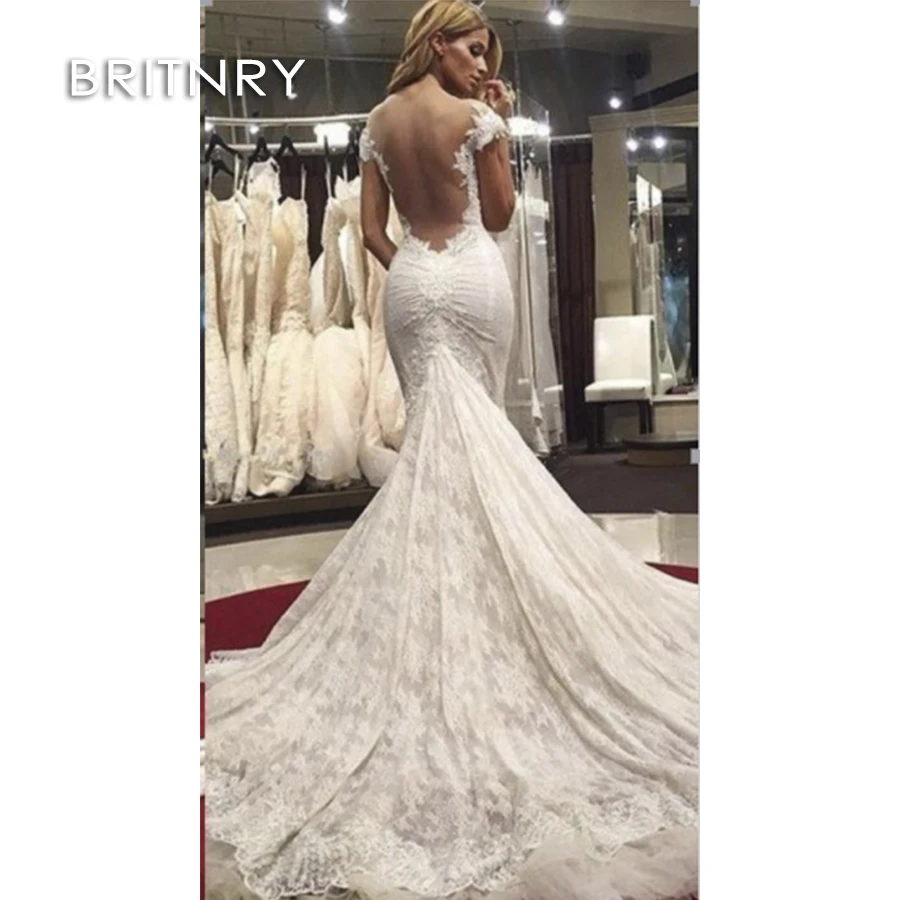 Кружевное свадебное платье Русалка со шлейфом открытой спиной и V образным