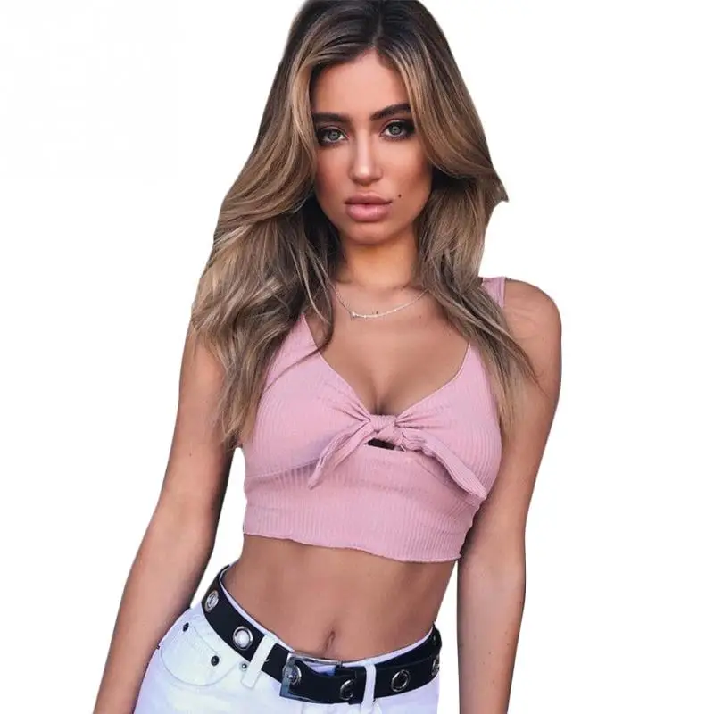2019 Womens Sexy Short Tank Top Knot Design Solid Color Low Cut Vest Ladies Crop Tops #1020 | Женская одежда