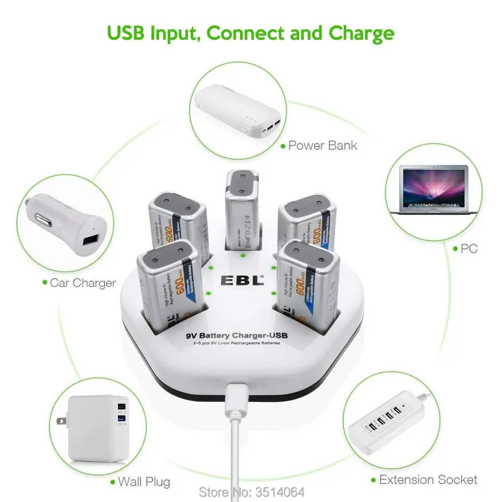 Быстрое зарядное устройство EBL для литий ионных аккумуляторов с USB 9 В 5 упаковок 600