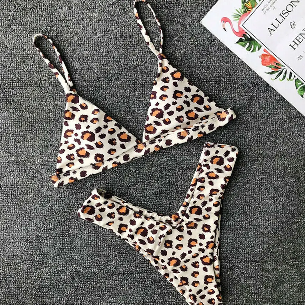 Womens 2pcs Bikini Swimsuit Leopard Print Swimwear Bandeau Bandage Set Padded Beachwear Strappy bra Low waist Bottom | Спорт и