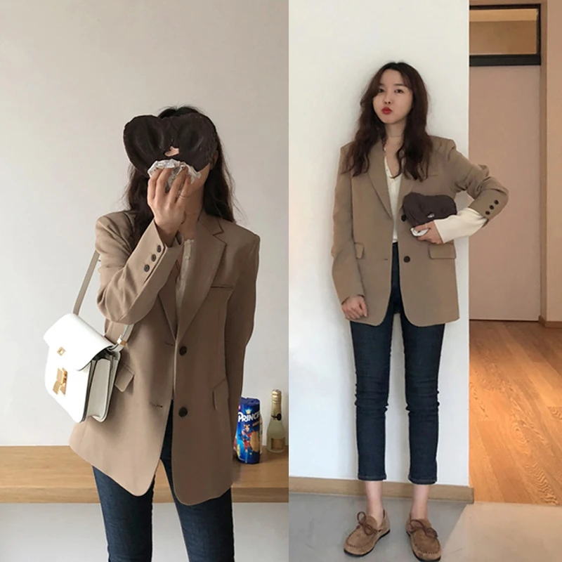 Women Blazer Single Breasted Regular Length Solid Notched Pockets Full Sleeve Korean England Style | Женская одежда
