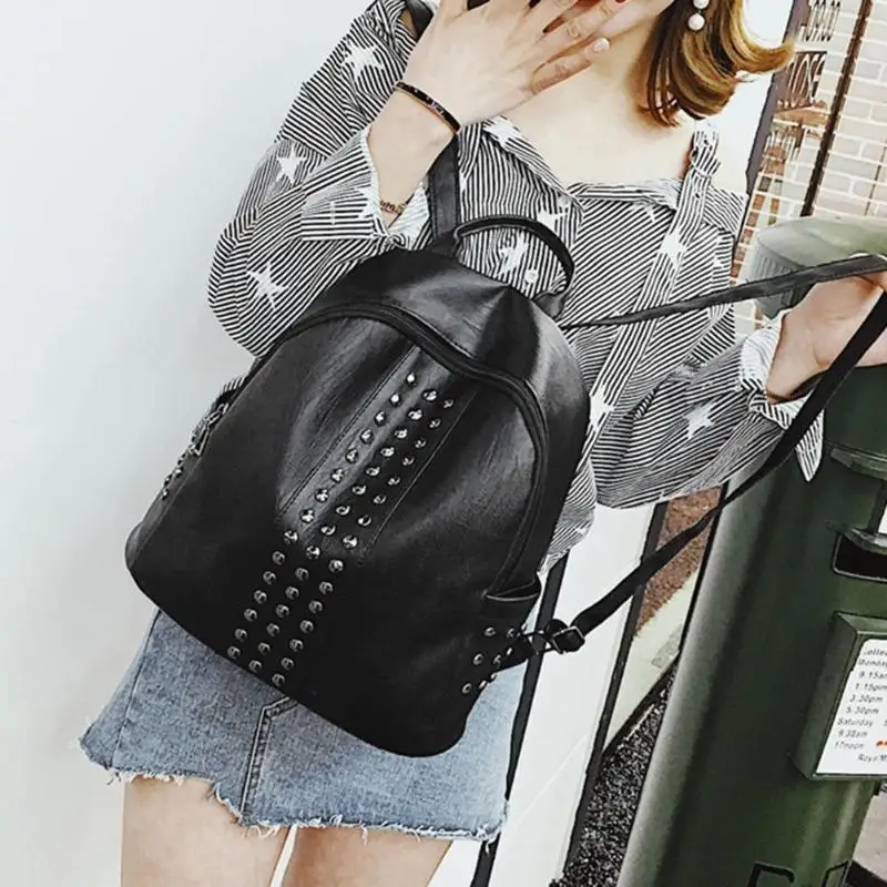 Punk Women Rivets PU Leather Zipper Backpack Teen Girls Casual Shoulder Bag | Багаж и сумки