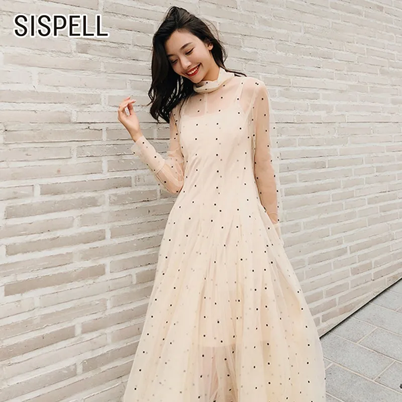 SISPELL 2019 весенние платья в горошек для женщин Водолазка с длинным рукавом Высокая