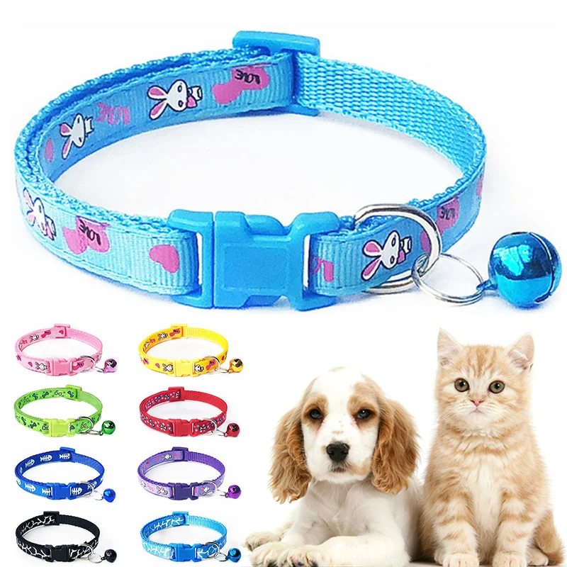 

New Cute Cartoon Pet Collars Puppy Adjustable Polyester Necklace Lovely With Bells Print Cat Dog Necklace Collar Supply