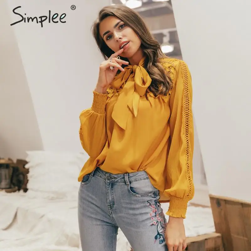 Женская повседневная блузка Simplee с вышивкой, блузка с длинным рукавом, с шейным бантом и перфорацией на лето-весну, рубашка, женский свободный однотонный топ желтого цвета