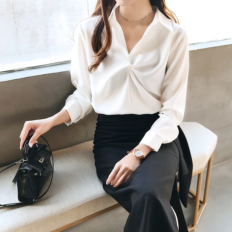 Женская шифоновая блузка с V-образным вырезом длинным рукавом | одежда