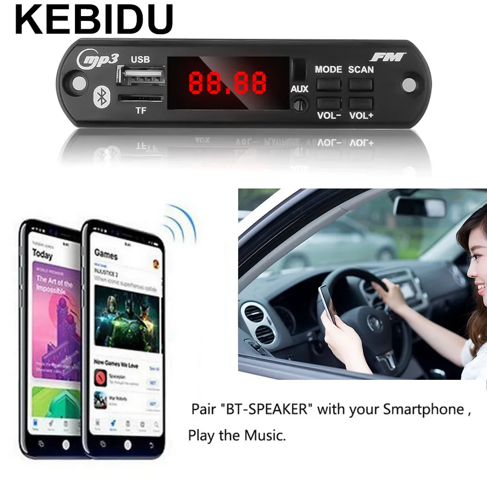 

KEBIDU 5-12V Universal Wireless Bluetooth MP3 WMA Decoder Board Audio Module USB TF Radio For Car