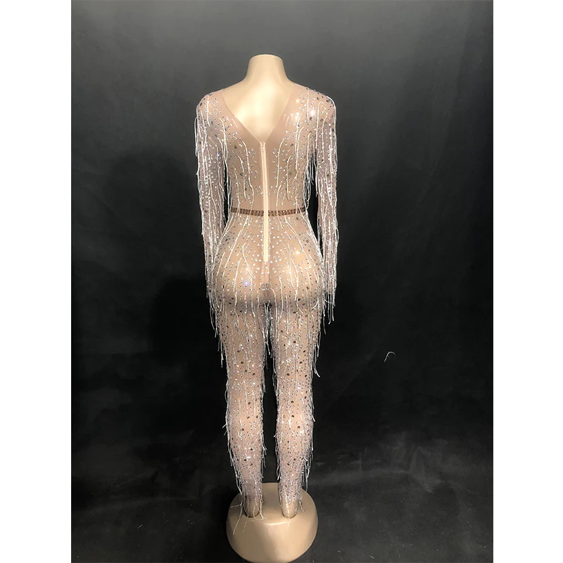 New Woman Mesh Sexy Glisten Silver Rhinestones Jumpsuit Tassel Perspective Evening Costume Women's Dance Wear | Женская одежда