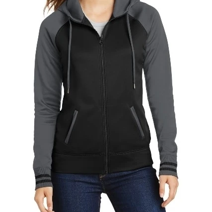 Спорт ТЭК LST236 Дамы фитиль Varsity Fleece Full Zip Куртка с капюшоном черный и темно серый