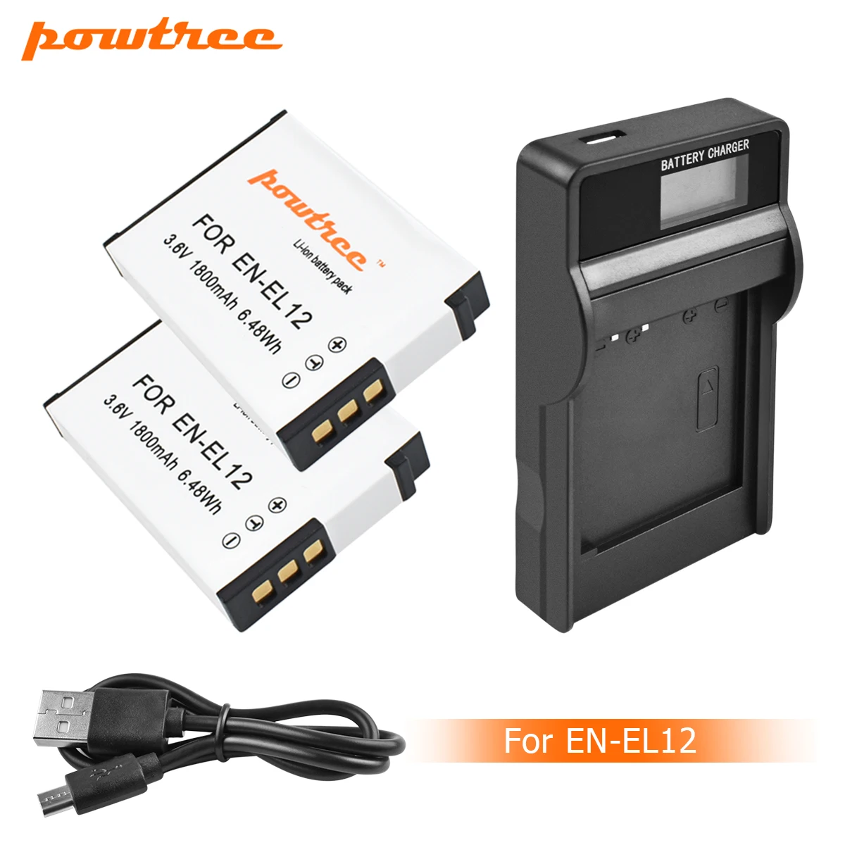 

Powtree 1800mAh EN-EL12 EN EL12 Battery+LCD Charger for Nikon CoolPix S610 S610c S620 S630 S710 S1000pj P300 P310 P330 S6200 L10