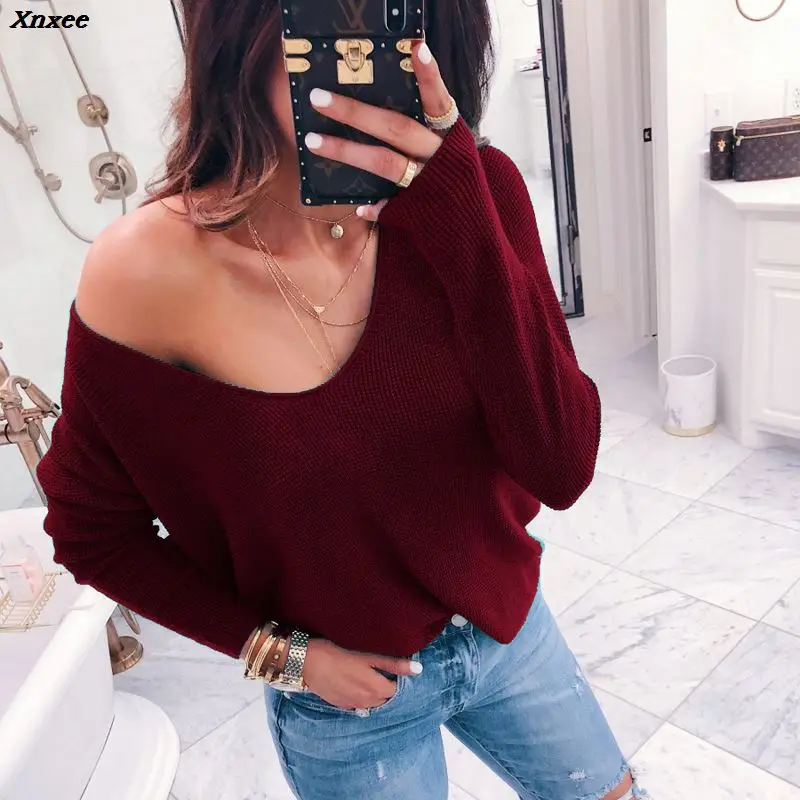 Фото 2020 Sexy V-neck Off Shoulder Sweater Women Casual Long Sleeve Solid Pullovers Female Spring Autumn Sweetwear Knitted Tops Xnxee Женская 2020 Sexy V-neck Off Shoulder Sweater Women Casual Long Sleeve Solid Pullovers Female Spring Autumn Sweetwear Knitted Tops Xnxee Женская