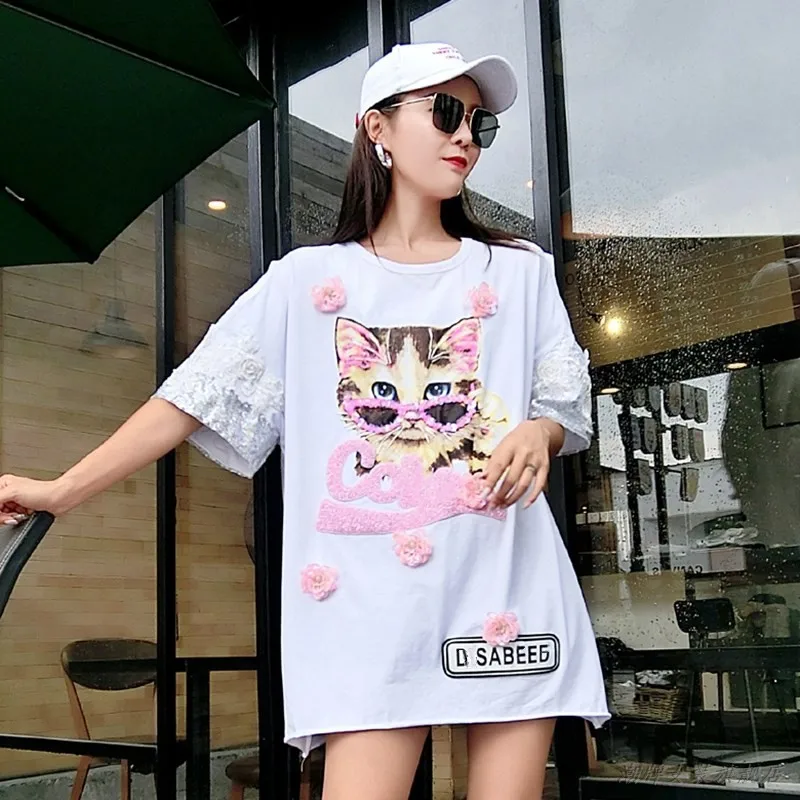 QING MO Cat Футболка с принтом платье для женщин 2019 лето открытыми плечами девочек