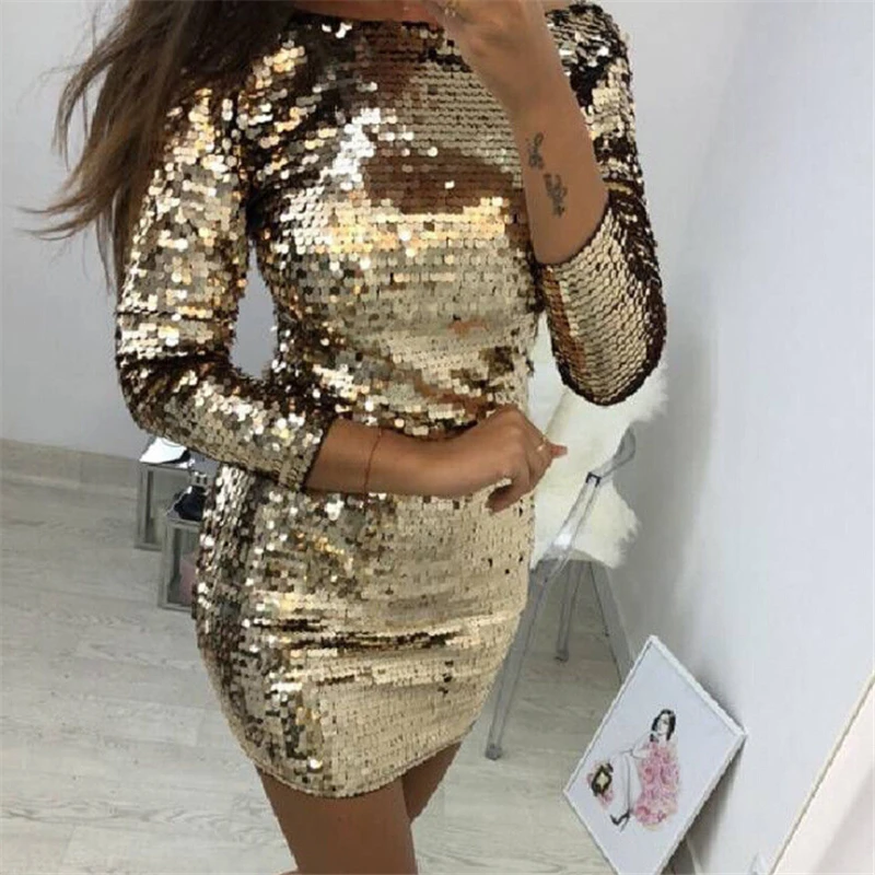 Ladies Party Dresses New Sexy Women Gold Sequins Long Sleeve Mini Dress Casual Bodycon Pencil Evening | Женская одежда