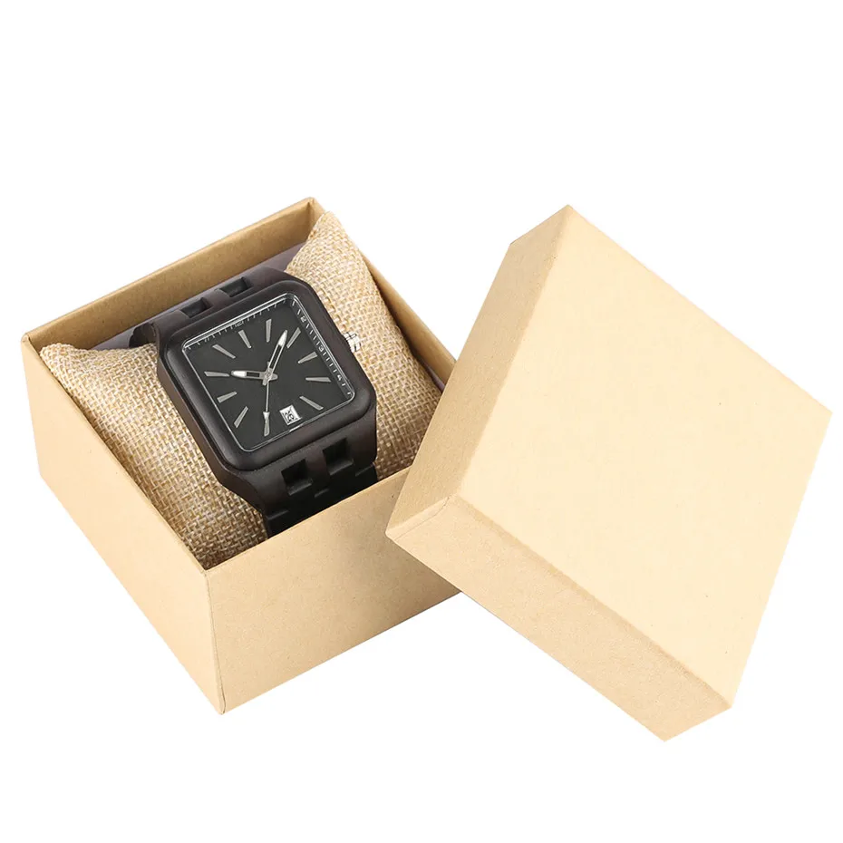 

Casual Black Wood Men's Watches Luxury Square Shape Dial Wrist Watch Auto Date Wooden Strap Male Clock Hour Gifts for Man New