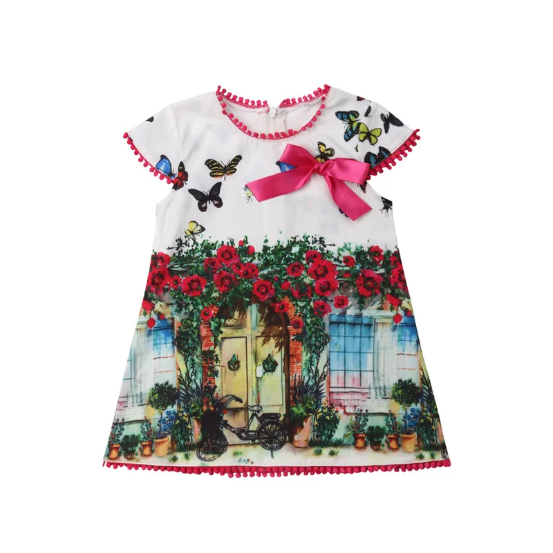 Boutique Toddler Kids Baby Girls Oil Painting Printed Princess Dresses Casual Girl Tassels Bow Short Sleeve Summer Dress 1-6T | Детская
