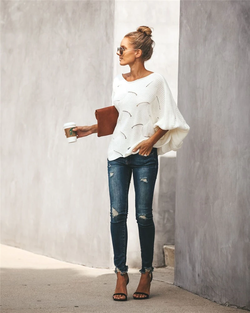 New Fashion winter sweater women pull OL knit O-neck lantern sleeve knitwear hollow out pullover sexy sweaters woman clothes top | Женская