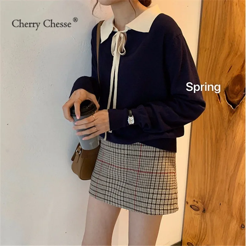 Cherry Chesse опрятный Для женщин вязаный свитер лук отложным воротником Топы Женский